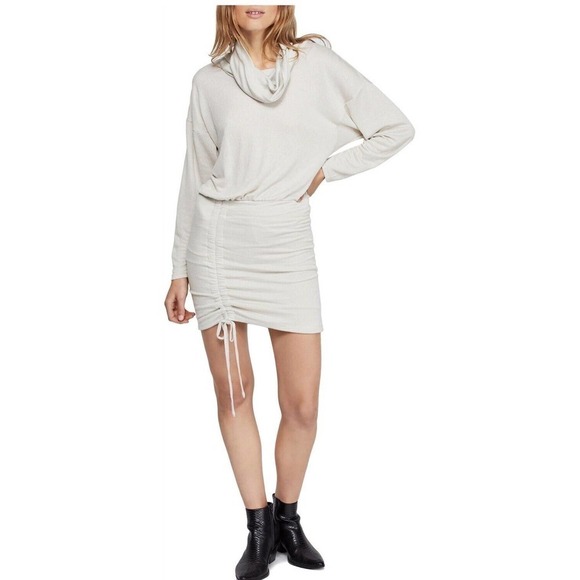 Free People Women Dress Large Sundown Cowl Neck Ruched Mini Natural Beige Knit - Picture 1 of 11